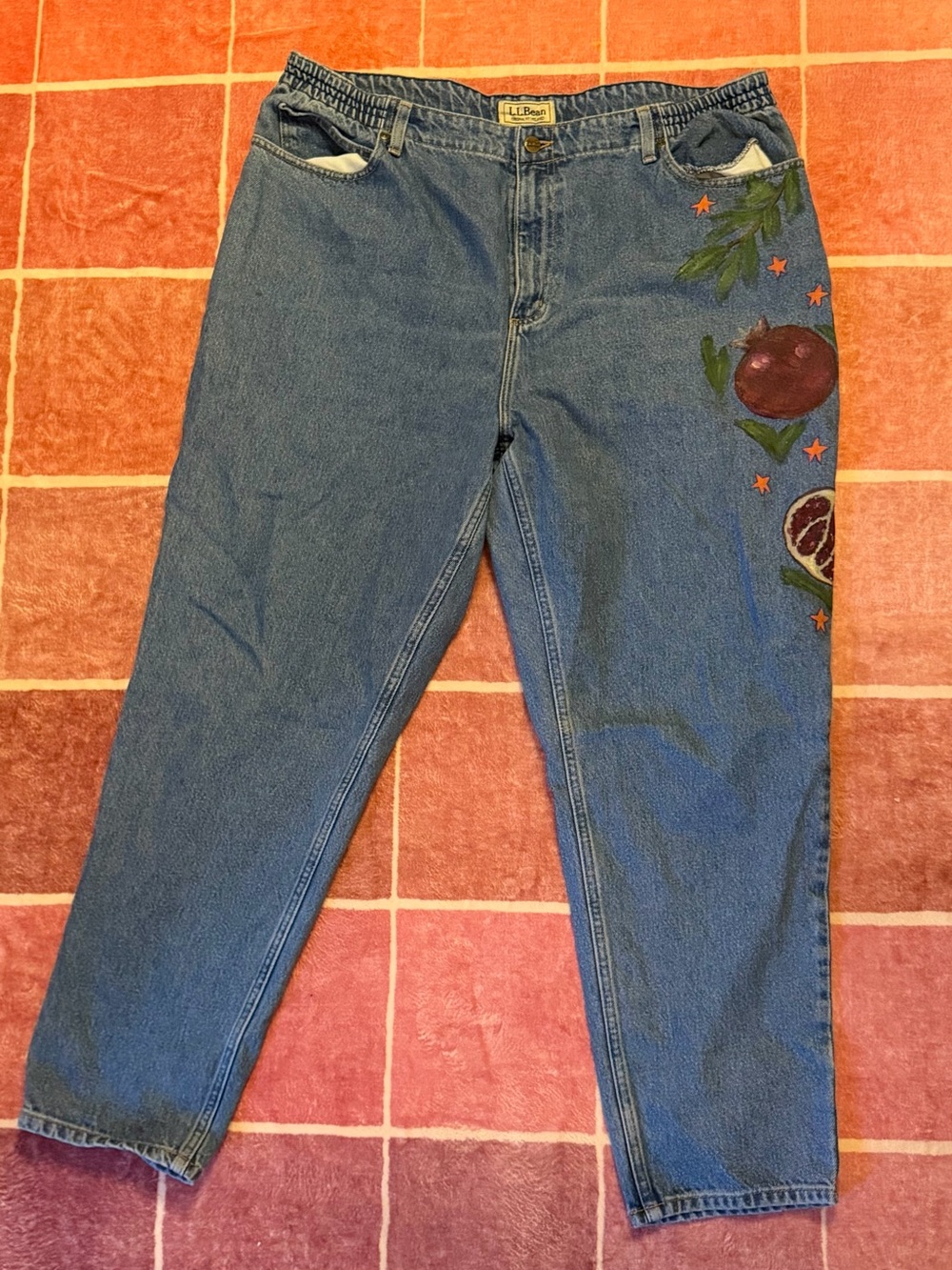 L.L. Bean Women's Straight Leg Blue Jeans with Fruit Embroidery